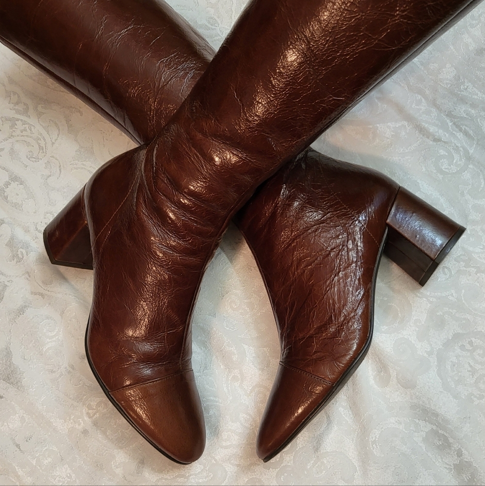 Women's Tall Brown Leather Heeled Boots - Picture 2 of 16
